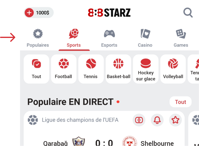 Sur l'écran d'accueil, tapez sur Sports 888starz Apk Bénin